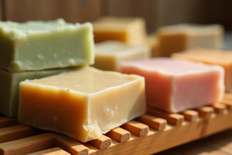Close-up photo of handmade soap bars curing on a wooden rack